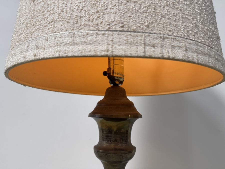 Just Added - Large Vintage Etched Brass Candlestick Lamp with Hexagonal Base and Tall Textured Shade 46'H [Photo 4]