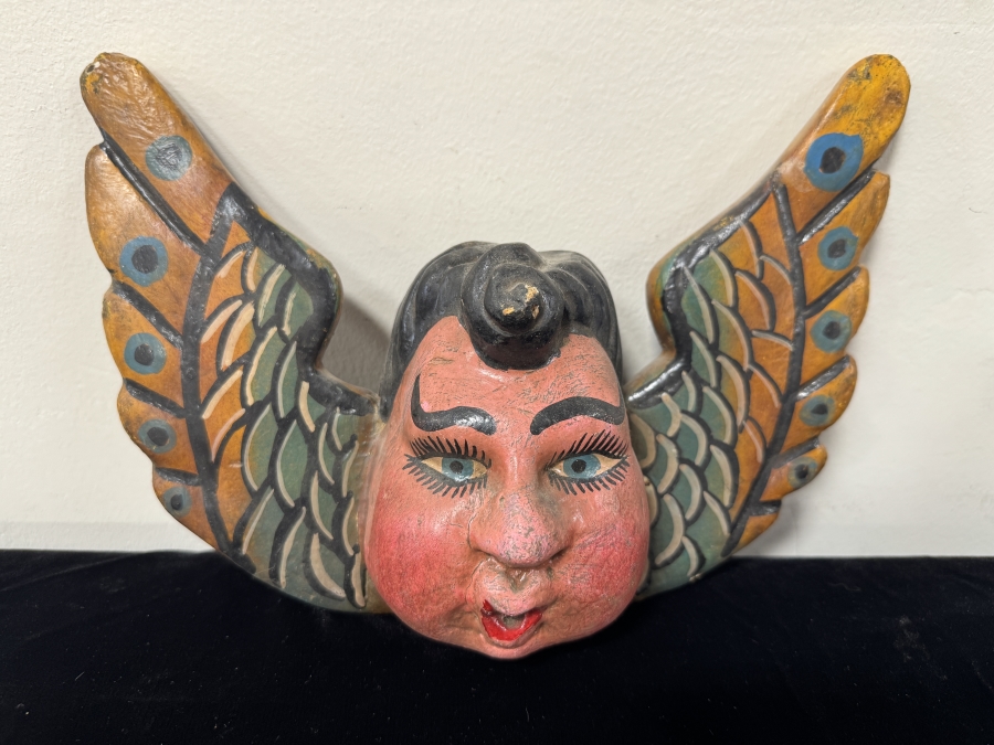 Just Added - Vintage Mexican Folk Art Carved Wood Winged Cherub 12'W x 9'H [Photo 2]