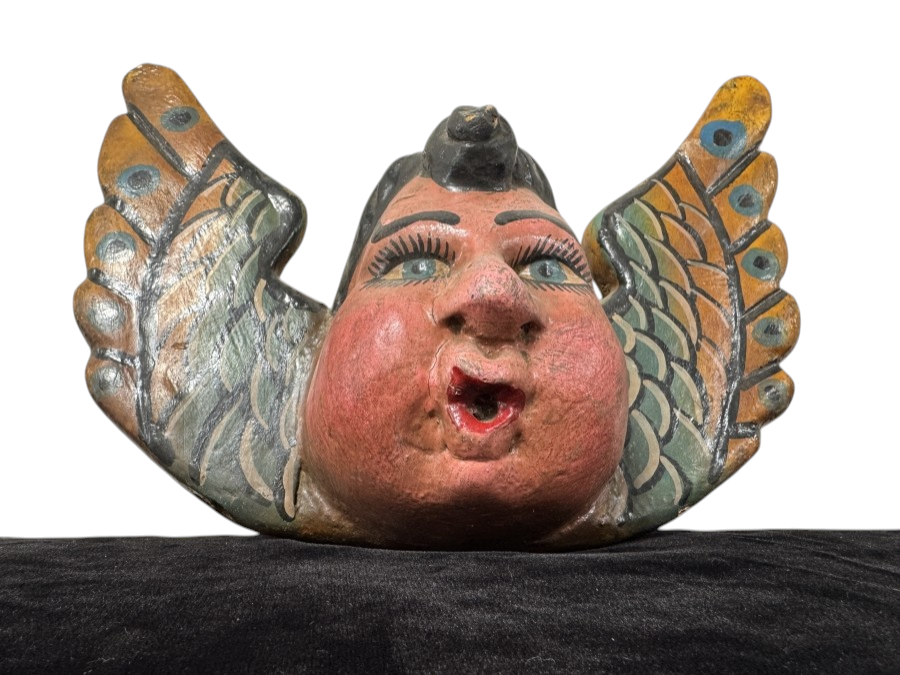 Just Added - Vintage Mexican Folk Art Carved Wood Winged Cherub 12'W x 9'H