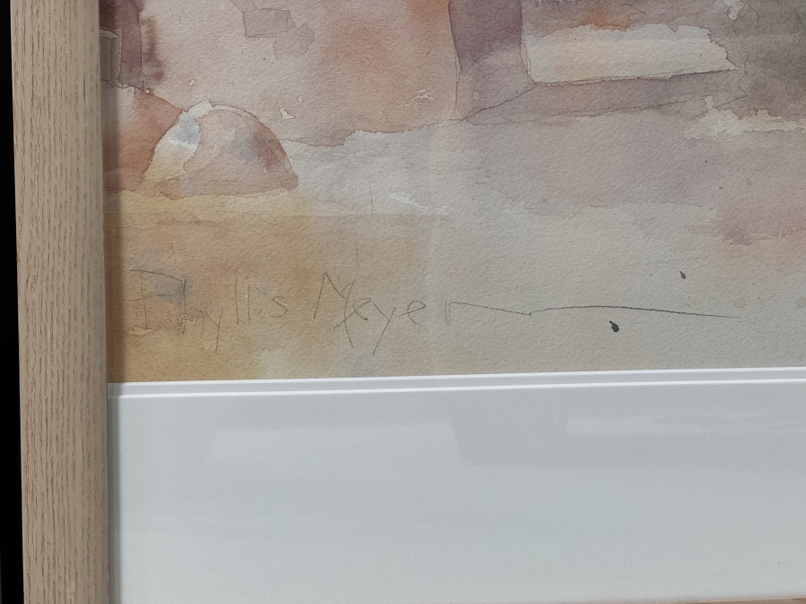 Just Added - Signed Phyllis Meyer Original Watercolor Triptych of Southwestern Adobe Village with Light Wood Frames 88'W x 41'H [Photo 4]