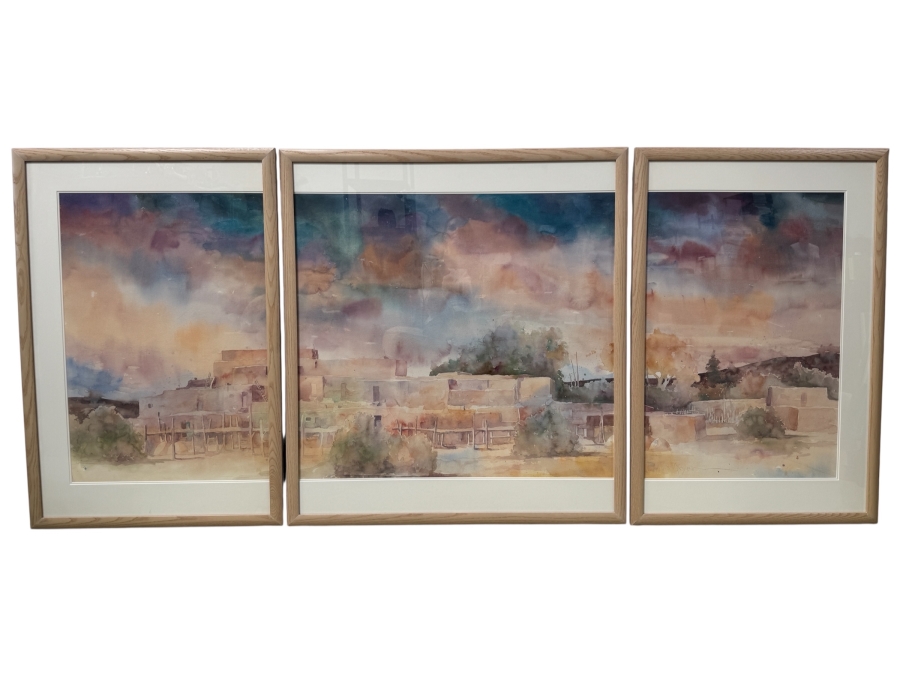 Just Added - Signed Phyllis Meyer Original Watercolor Triptych of Southwestern Adobe Village with Light Wood Frames 88'W x 41'H