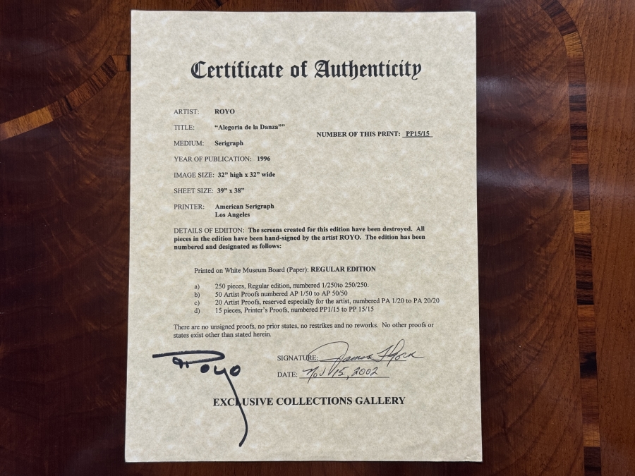 Just Added - Signed Jose Royo (B. 1941, Spanish) Limited Edition Serigraph 'Alegoria De La Danza' with COA Printer's Proof 15/15 Framed: 47'W x 48'H Retailed $4,500 [Photo 7]