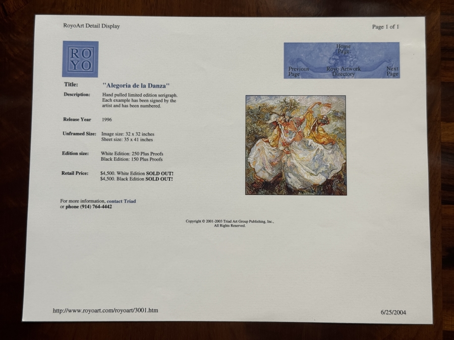 Just Added - Signed Jose Royo (B. 1941, Spanish) Limited Edition Serigraph 'Alegoria De La Danza' with COA Printer's Proof 15/15 Framed: 47'W x 48'H Retailed $4,500 [Photo 6]