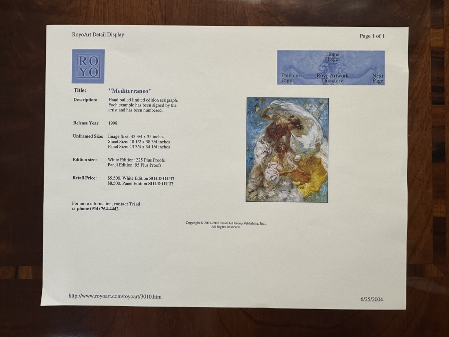 Just Added - Signed Jose Royo (B. 1941, Spanish) 'Mediterraneo' Limited Edition Serigraph Artist Proof 58/60 Framed: 50'W x 61'H Retailed $5,500 [Photo 8]