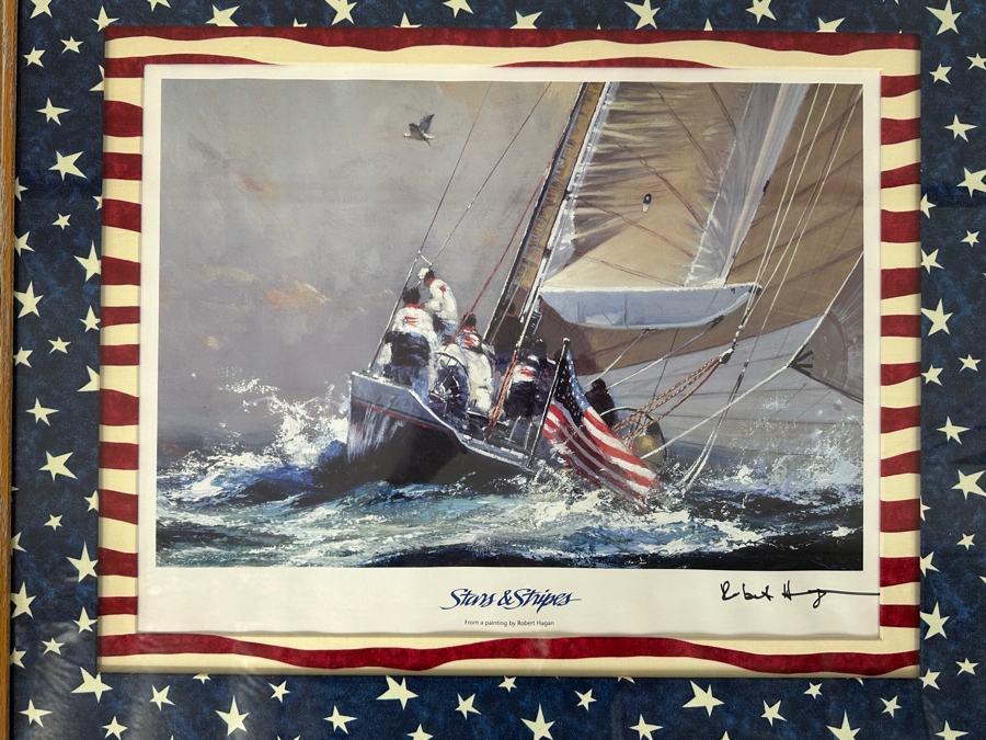 Just Added - Hand Signed Robert Hagan America's Cup Sailing Print Titled Stars & Stripes Nicely Framed And Matted With Stars & Stripes 20 X 16 Framed 31 X 26 [Photo 2]