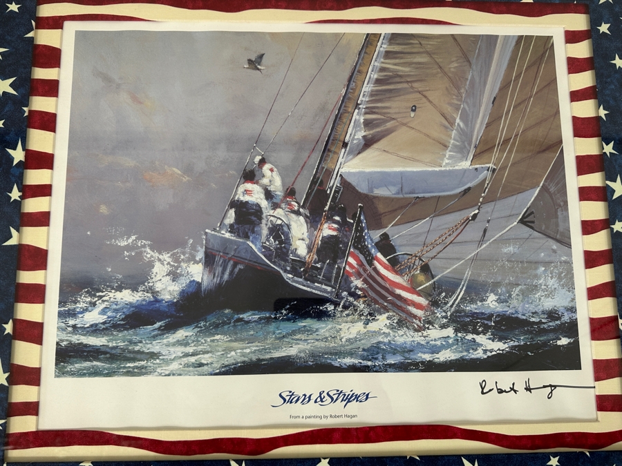 Just Added - Hand Signed Robert Hagan America's Cup Sailing Print Titled Stars & Stripes Nicely Framed And Matted With Stars & Stripes 20 X 16 Framed 31 X 26 [Photo 5]