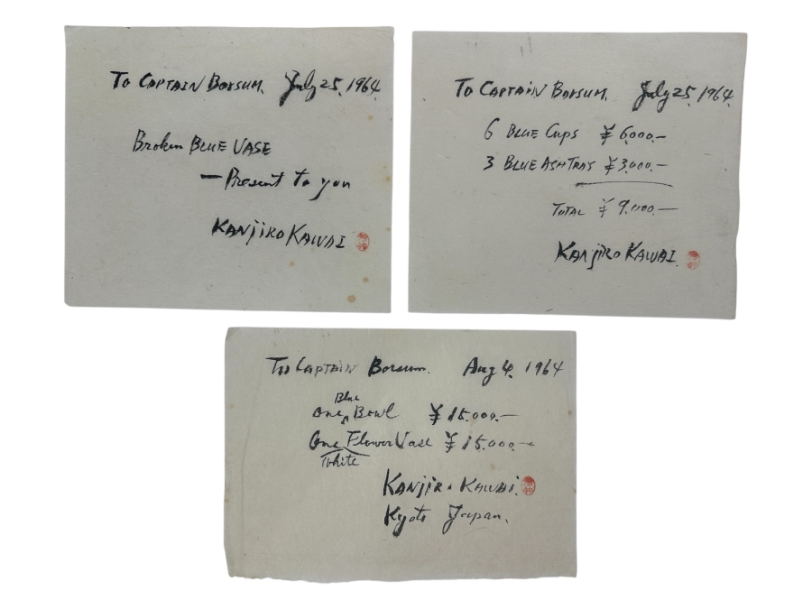Just Added - (3) Hand Signed Receipts From 1964 Signed By Famous Japanese Mingei Potter Kawai Kanjiro