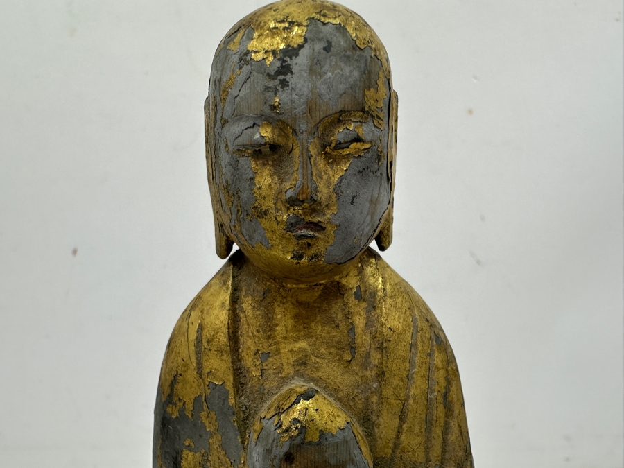 Just Added - Pair Of Antique Asian Carved Gilt Wooden Buddha Sculptures (One Has Signature Visible Of Back) 9.75'H [Photo 4]