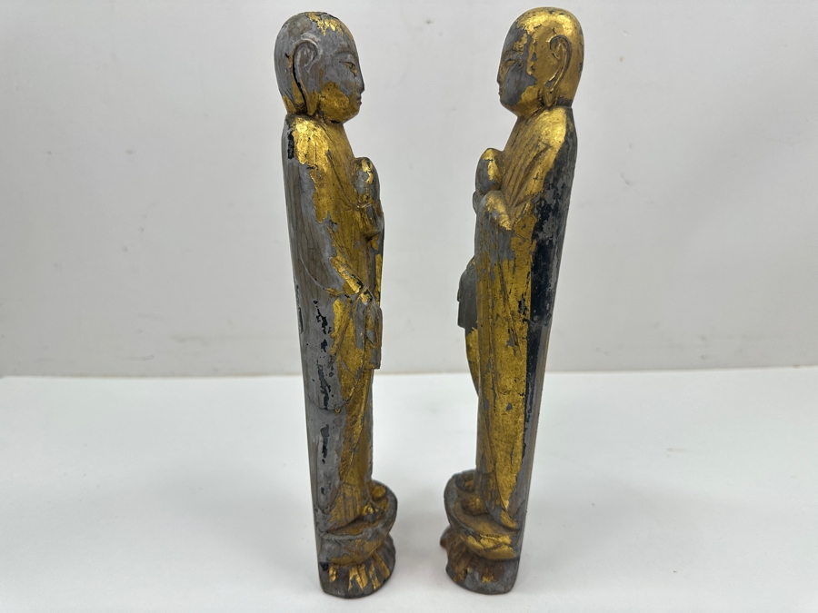 Just Added - Pair Of Antique Asian Carved Gilt Wooden Buddha Sculptures (One Has Signature Visible Of Back) 9.75'H [Photo 6]