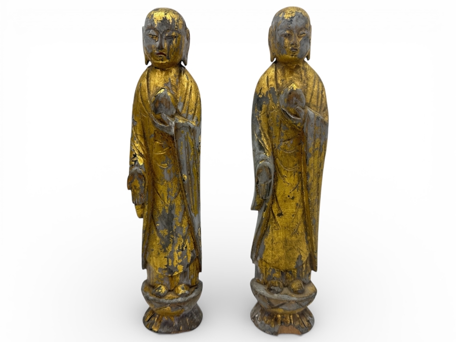 Just Added - Pair Of Antique Asian Carved Gilt Wooden Buddha Sculptures (One Has Signature Visible Of Back) 9.75'H