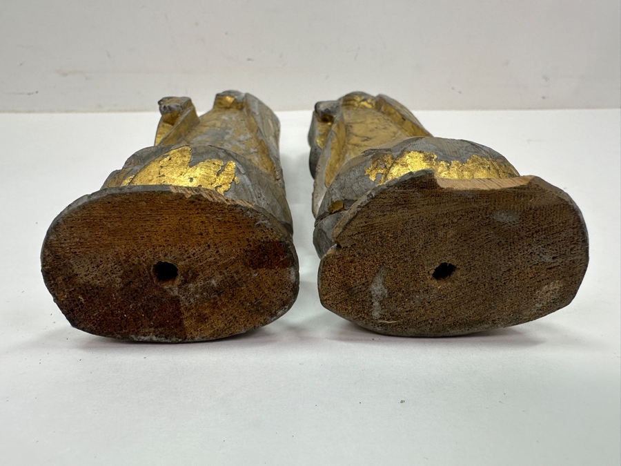 Just Added - Pair Of Antique Asian Carved Gilt Wooden Buddha Sculptures (One Has Signature Visible Of Back) 9.75'H [Photo 11]