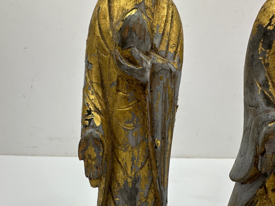 Just Added - Pair Of Antique Asian Carved Gilt Wooden Buddha Sculptures (One Has Signature Visible Of Back) 9.75'H [Photo 2]
