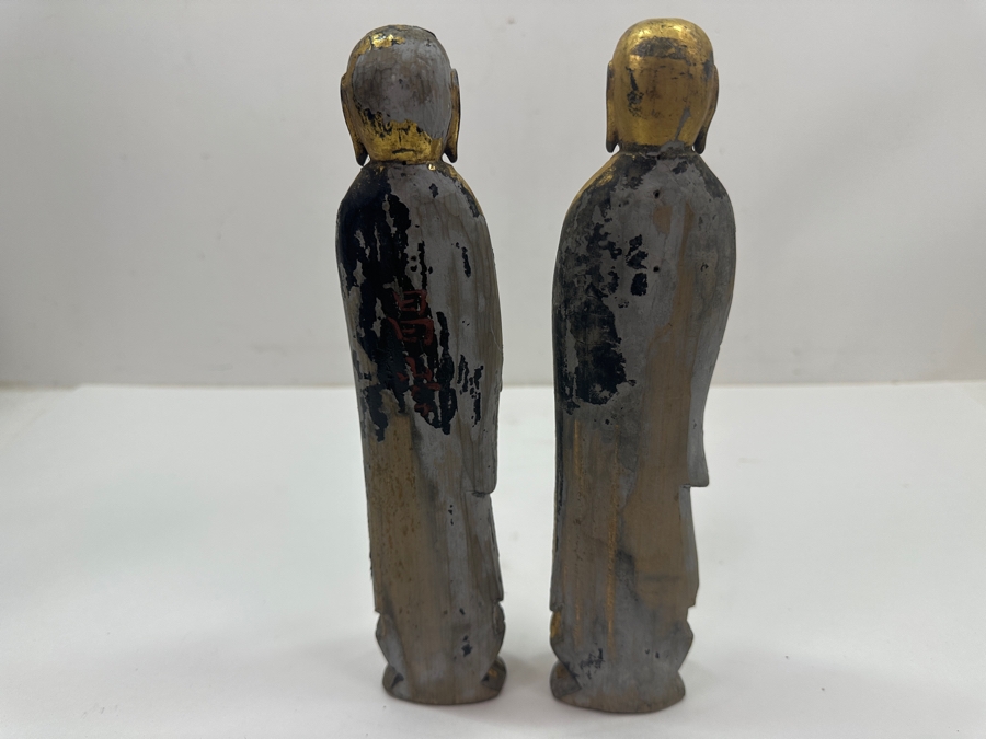 Just Added - Pair Of Antique Asian Carved Gilt Wooden Buddha Sculptures (One Has Signature Visible Of Back) 9.75'H [Photo 7]