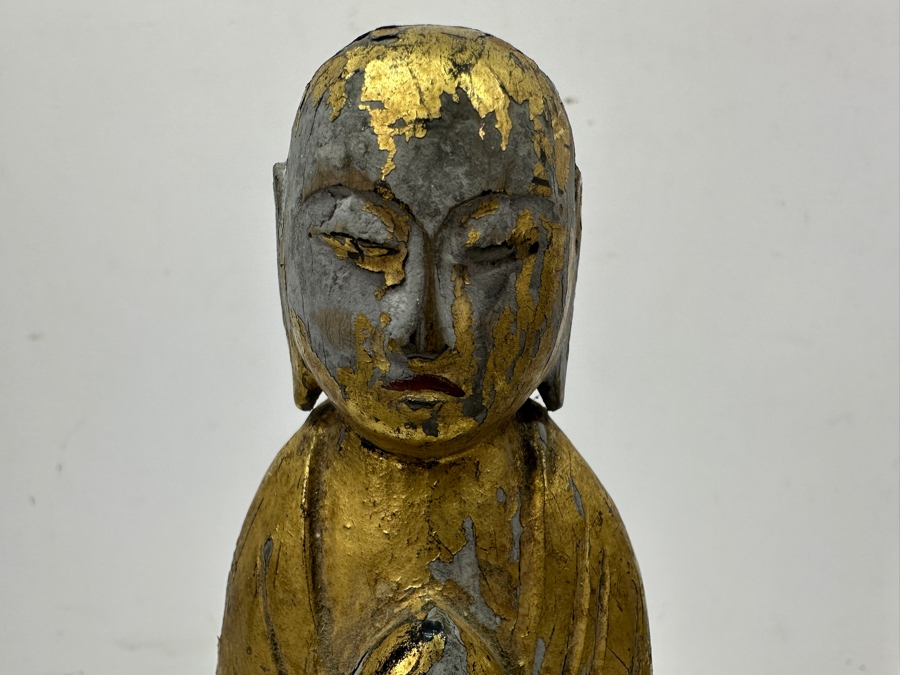 Just Added - Pair Of Antique Asian Carved Gilt Wooden Buddha Sculptures (One Has Signature Visible Of Back) 9.75'H [Photo 3]