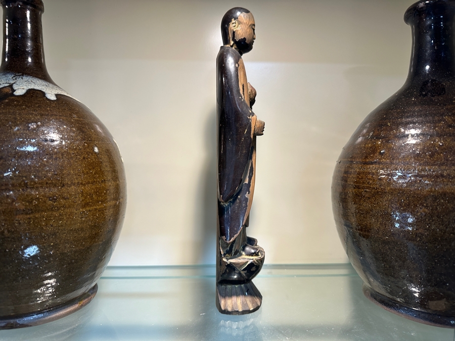 Just Added - Antique Japanese Edo Period (1615-1868) Lacquered Carved Wooden Amida Buddha Statue Signed On Back 10'H [Photo 6]