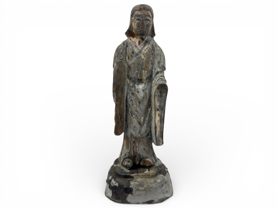 Just Added - Antique Carved Wooden Painted Figure Of Kichijoten (Goddess Of Fortune And Prosperity) Statue 9.5'H