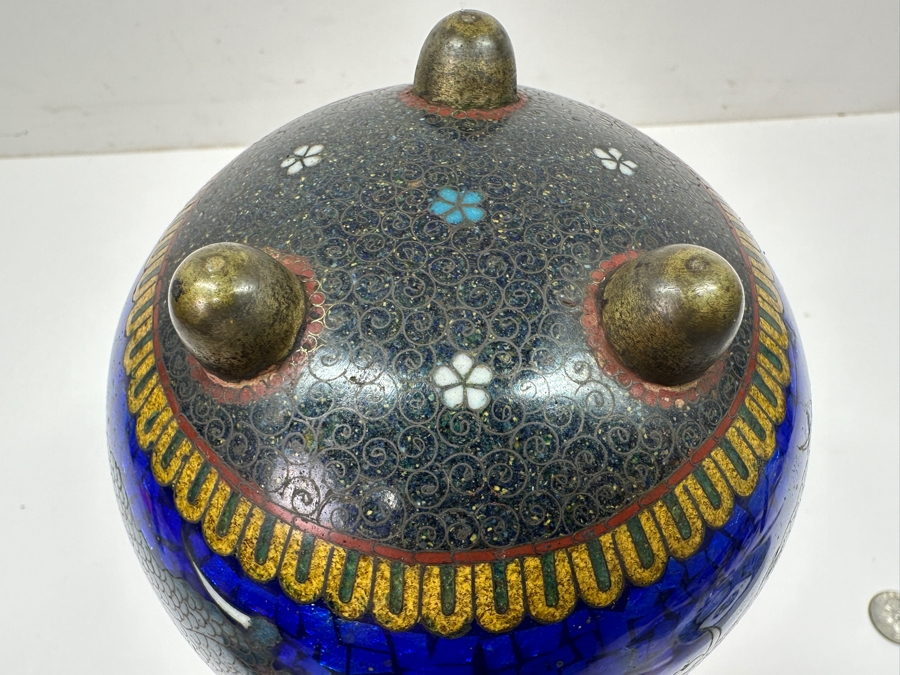 Just Added - Stunning Vintage Japanese Cloisonne Enamel Tripodal Pot With Dragon Motif 5.5'W X 4.5'H [Photo 11]