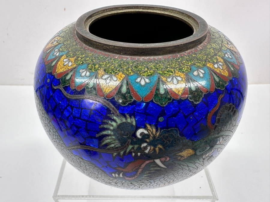 Just Added - Stunning Vintage Japanese Cloisonne Enamel Tripodal Pot With Dragon Motif 5.5'W X 4.5'H [Photo 2]
