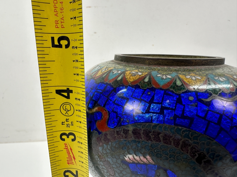 Just Added - Stunning Vintage Japanese Cloisonne Enamel Tripodal Pot With Dragon Motif 5.5'W X 4.5'H [Photo 12]