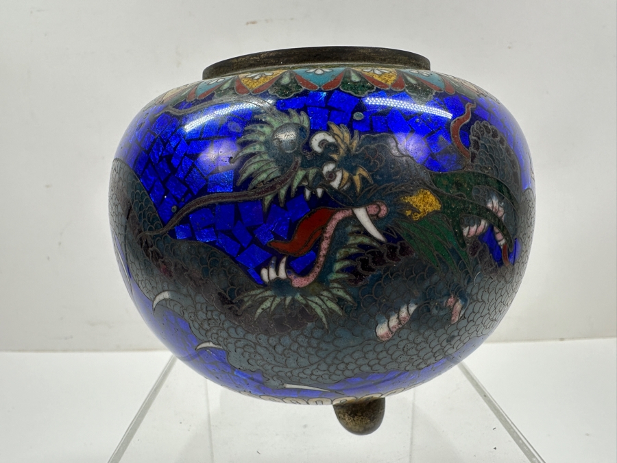 Just Added - Stunning Vintage Japanese Cloisonne Enamel Tripodal Pot With Dragon Motif 5.5'W X 4.5'H [Photo 3]