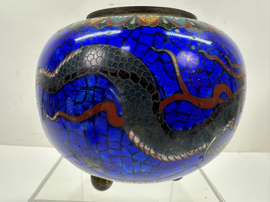 Just Added - Stunning Vintage Japanese Cloisonne Enamel Tripodal Pot With Dragon Motif 5.5'W X 4.5'H [Photo 7]