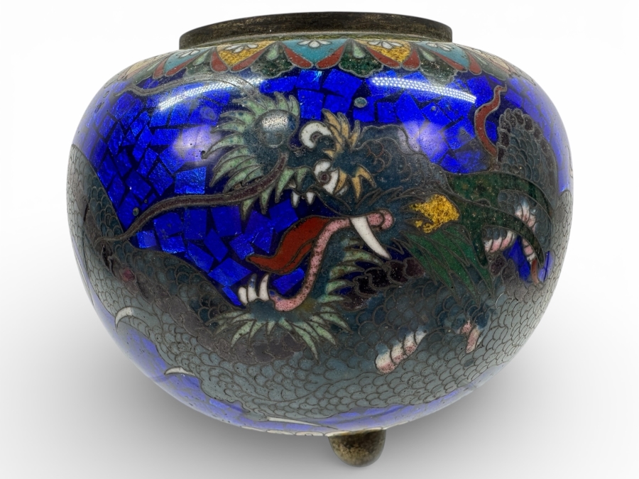 Just Added - Stunning Vintage Japanese Cloisonne Enamel Tripodal Pot With Dragon Motif 5.5'W X 4.5'H