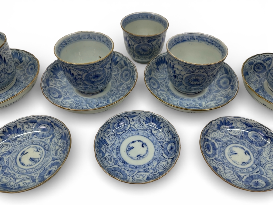 Just Added - Stunning Set Of Antique Japanese Late Edo Period Circa 1850 Blue & White Porcelain Cups & Saucers With Small Dishes - (5) 2.75'H Cups, (4) 6' Saucers And (5) 4.25' Small Dishes - 14 Pieces Total (One Of The Small Dishes Has Been Repaired)