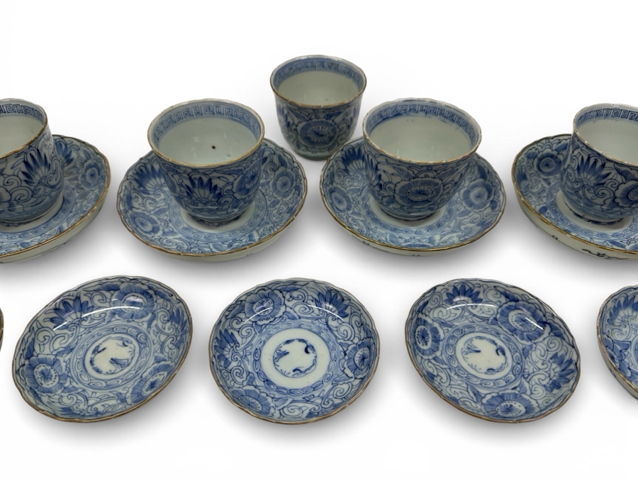 Just Added - Stunning Set Of Antique Japanese Late Edo Period Circa 1850 Blue & White Porcelain Cups & Saucers With Small Dishes - (5) 2.75'H Cups, (4) 6' Saucers And (5) 4.25' Small Dishes - 14 Pieces Total (One Of The Small Dishes Has Been Repaired) [Photo 2]