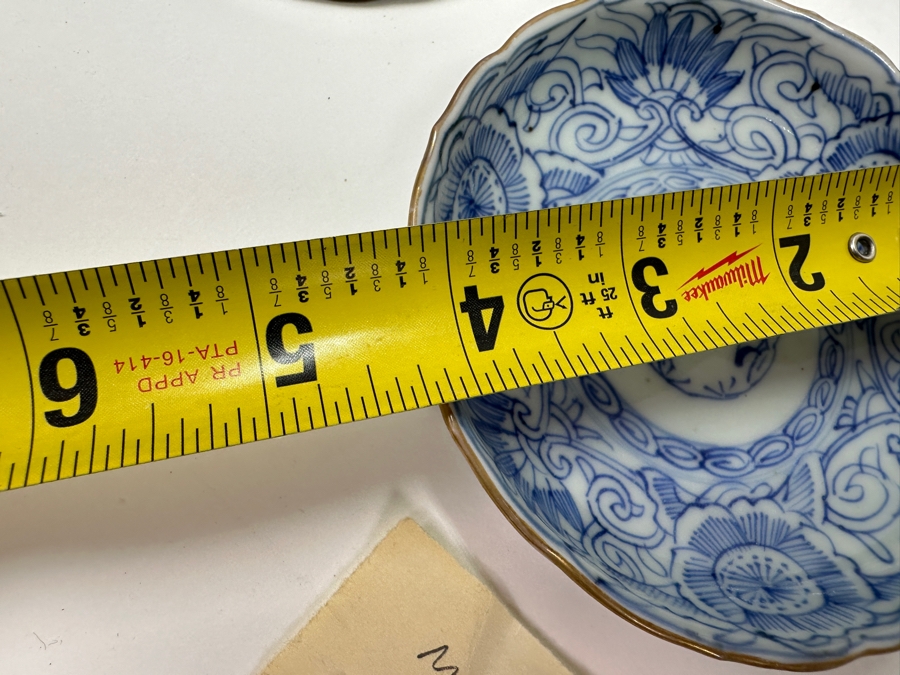 Just Added - Stunning Set Of Antique Japanese Late Edo Period Circa 1850 Blue & White Porcelain Cups & Saucers With Small Dishes - (5) 2.75'H Cups, (4) 6' Saucers And (5) 4.25' Small Dishes - 14 Pieces Total (One Of The Small Dishes Has Been Repaired) [Photo 21]