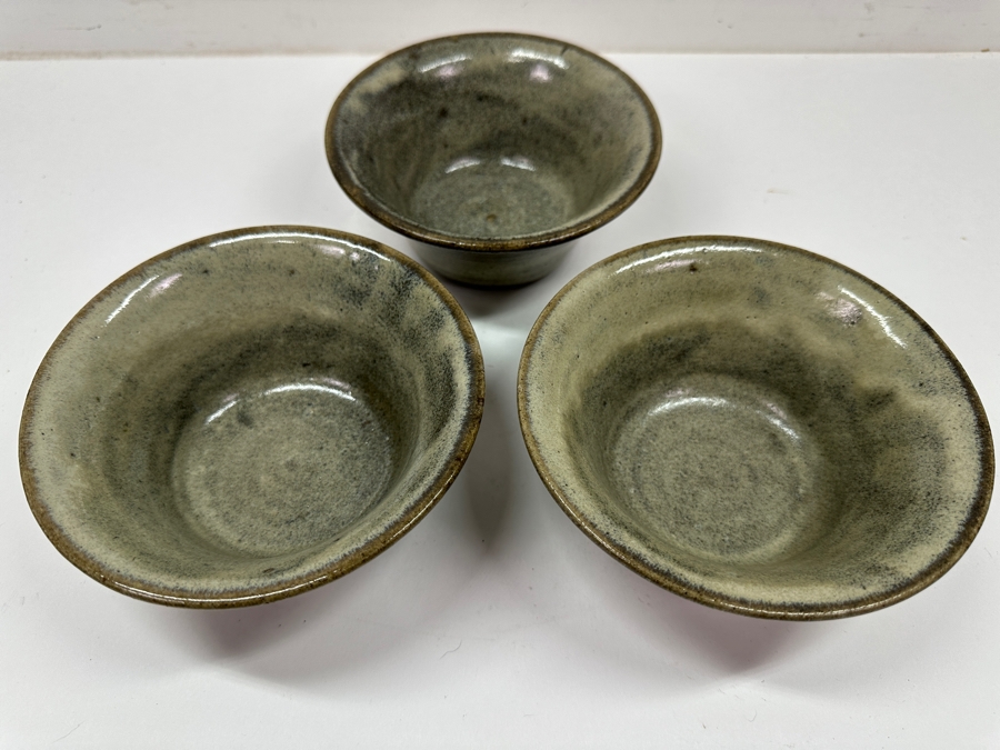 Just Added - (3) Vintage Japanese Mingei Folk Art Pottery Tea Bowls Chawans - Potter Unknown 5.75'W X 2.5'H [Photo 3]
