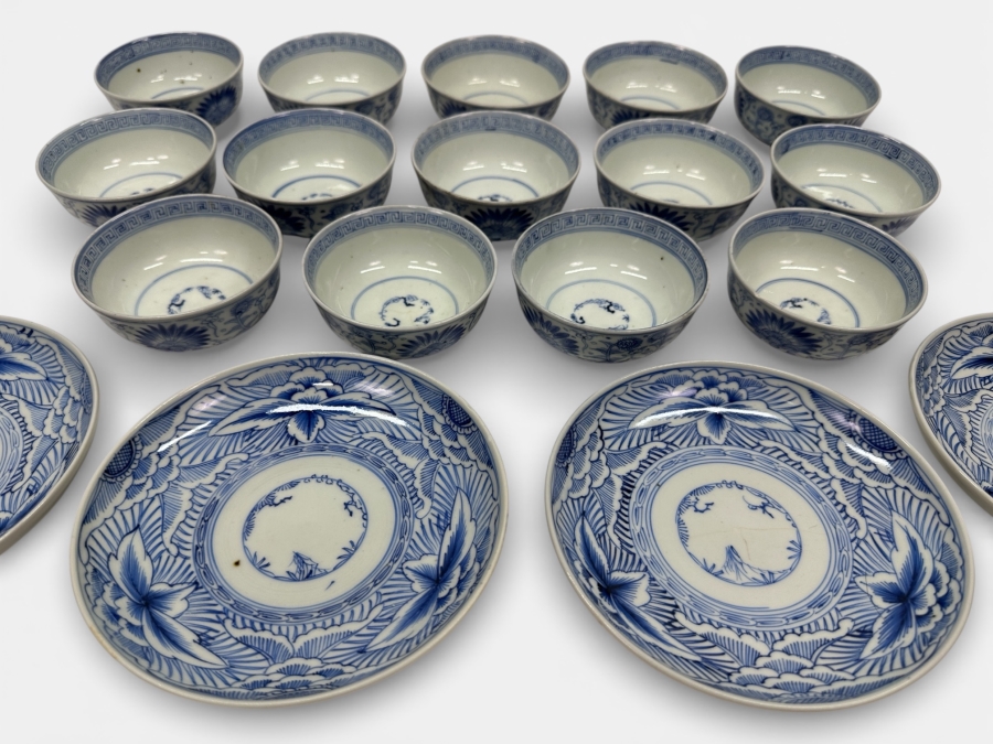 Just Added - Vintage Japanese Blue & White Arita Porcelain (14) 2.5'W X 1.75'H Cups & (4) 6' Dishes