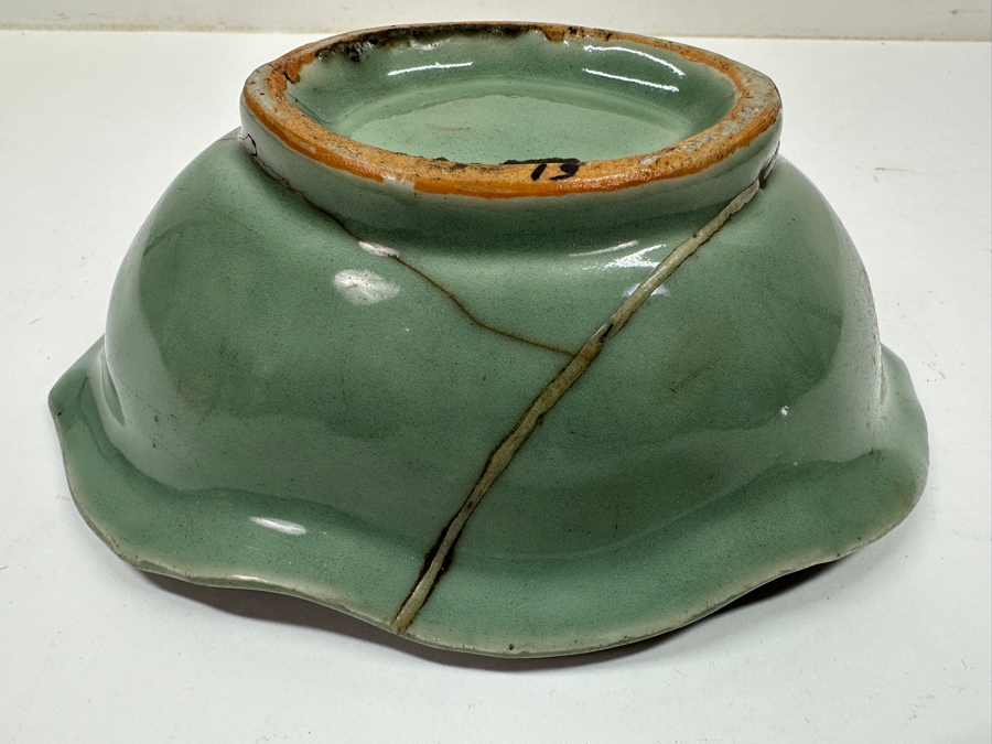 Just Added - Antique Japanese Celadon Porcelain Bowl Repaired Using The Traditional Art Of Kintsugi Silver Joinery 8W X 5.5D X 2.75H [Photo 7]