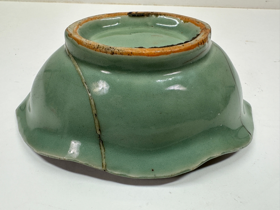 Just Added - Antique Japanese Celadon Porcelain Bowl Repaired Using The Traditional Art Of Kintsugi Silver Joinery 8W X 5.5D X 2.75H [Photo 6]
