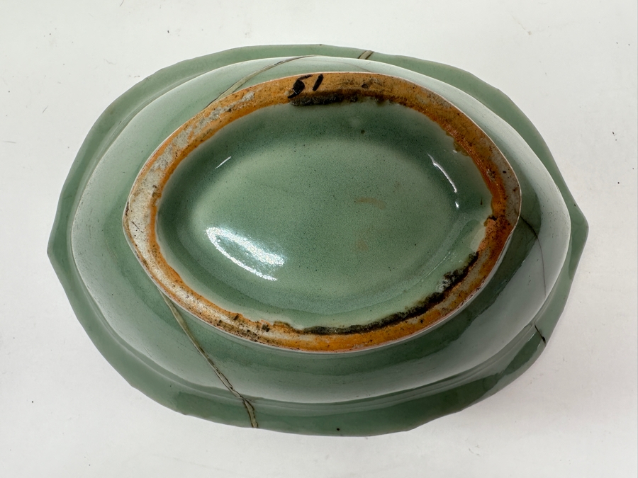 Just Added - Antique Japanese Celadon Porcelain Bowl Repaired Using The Traditional Art Of Kintsugi Silver Joinery 8W X 5.5D X 2.75H [Photo 5]