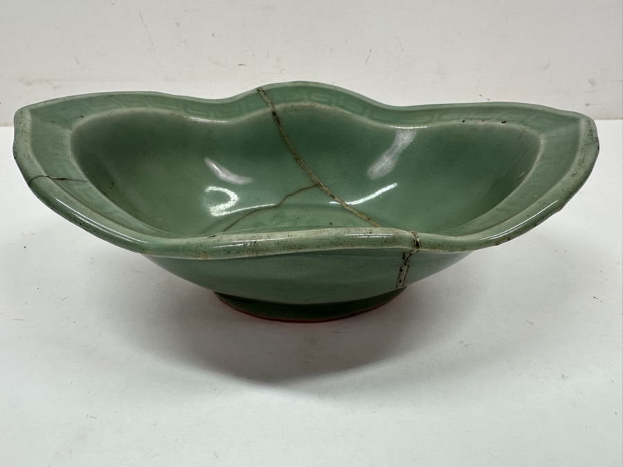 Just Added - Antique Japanese Celadon Porcelain Bowl Repaired Using The Traditional Art Of Kintsugi Silver Joinery 8W X 5.5D X 2.75H [Photo 3]