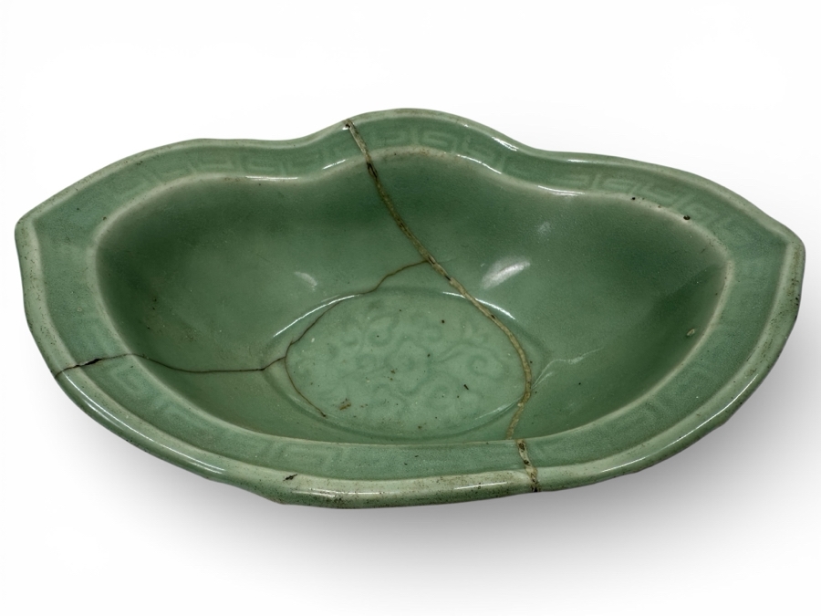 Just Added - Antique Japanese Celadon Porcelain Bowl Repaired Using The Traditional Art Of Kintsugi Silver Joinery 8W X 5.5D X 2.75H [Photo 2]