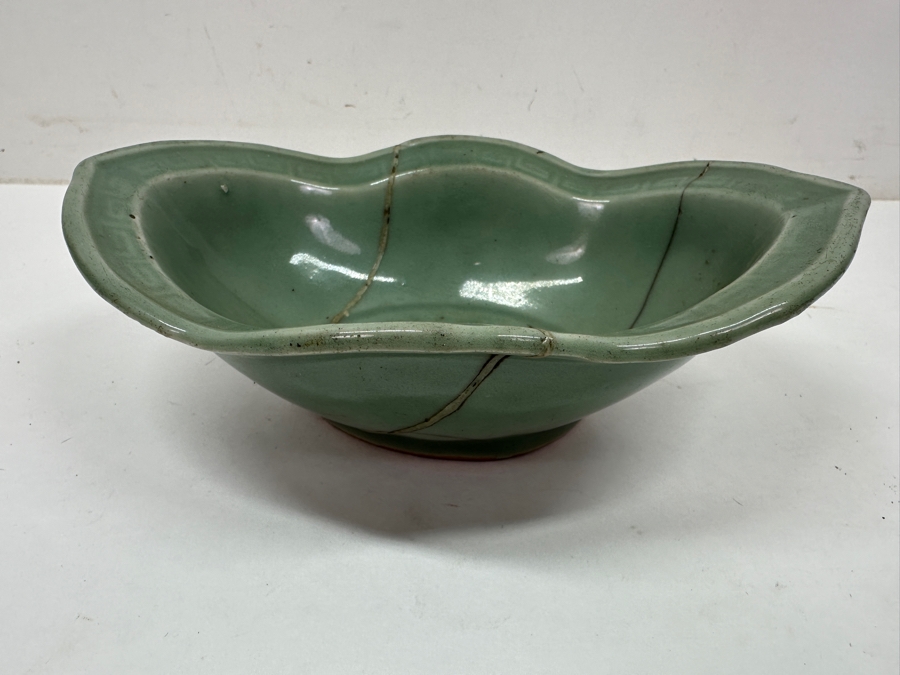 Just Added - Antique Japanese Celadon Porcelain Bowl Repaired Using The Traditional Art Of Kintsugi Silver Joinery 8W X 5.5D X 2.75H [Photo 4]