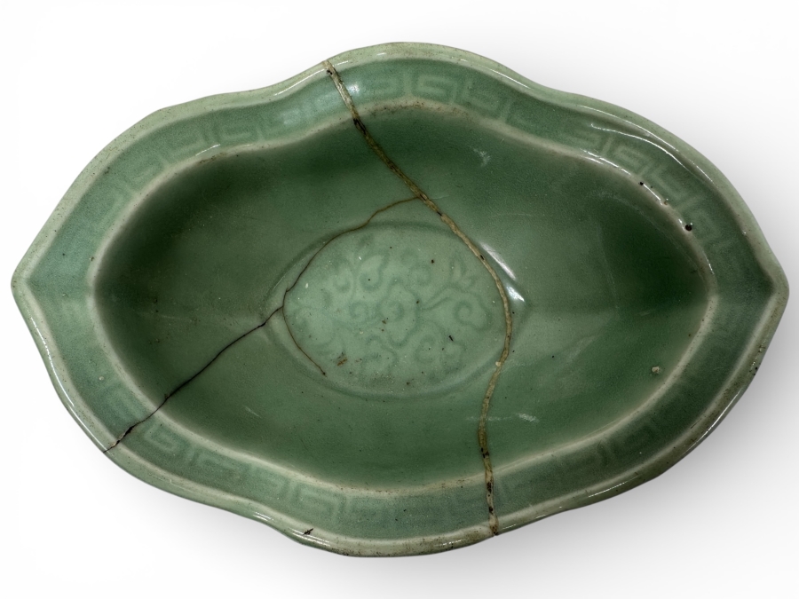 Just Added - Antique Japanese Celadon Porcelain Bowl Repaired Using The Traditional Art Of Kintsugi Silver Joinery 8W X 5.5D X 2.75H