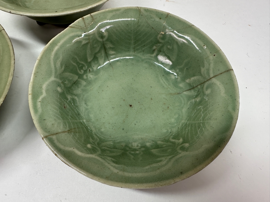 Just Added - (3) Antique Japanese Celadon Porcelain Tripodal Dishes (2) Have Been Repaired With (1) Using The Traditional Art Of Kintsugi Gold Joinery - See Photos For Condition 5.5W X 1 5/8H [Photo 6]