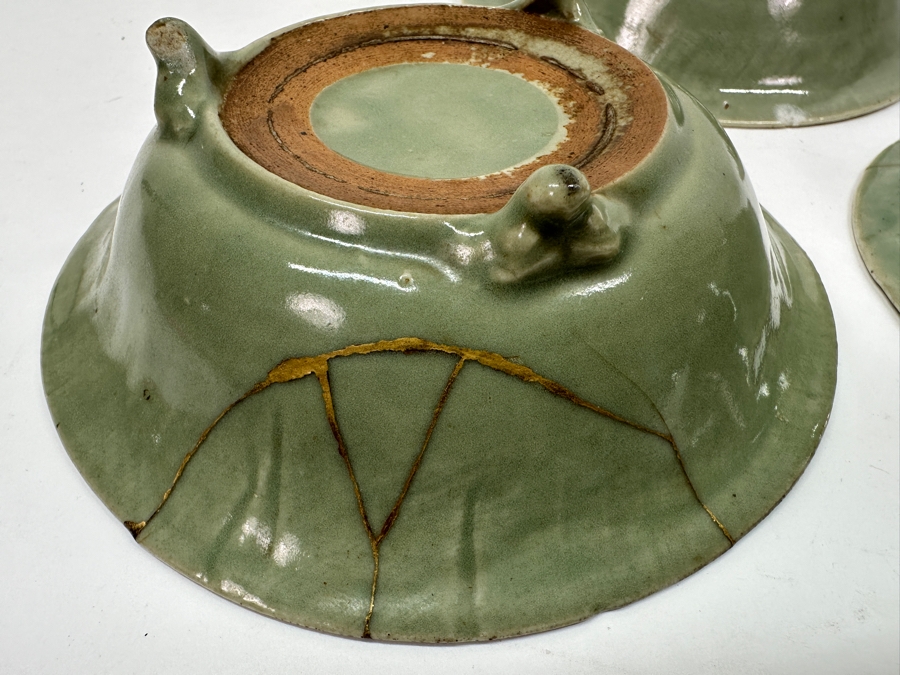 Just Added - (3) Antique Japanese Celadon Porcelain Tripodal Dishes (2) Have Been Repaired With (1) Using The Traditional Art Of Kintsugi Gold Joinery - See Photos For Condition 5.5W X 1 5/8H [Photo 2]