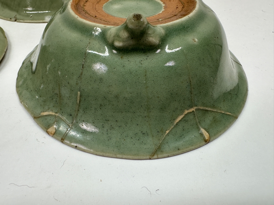 Just Added - (3) Antique Japanese Celadon Porcelain Tripodal Dishes (2) Have Been Repaired With (1) Using The Traditional Art Of Kintsugi Gold Joinery - See Photos For Condition 5.5W X 1 5/8H [Photo 10]