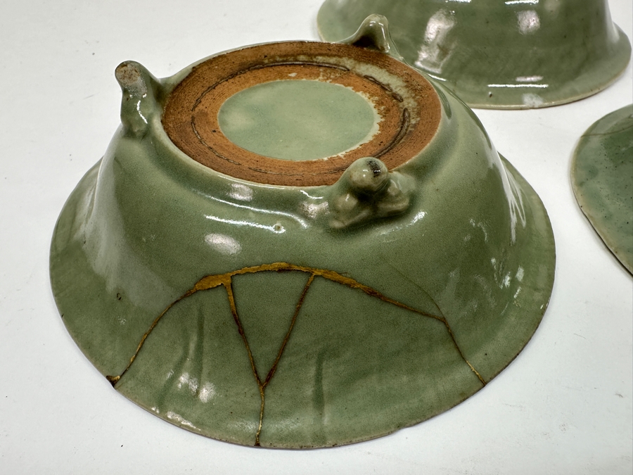 Just Added - (3) Antique Japanese Celadon Porcelain Tripodal Dishes (2) Have Been Repaired With (1) Using The Traditional Art Of Kintsugi Gold Joinery - See Photos For Condition 5.5W X 1 5/8H [Photo 9]