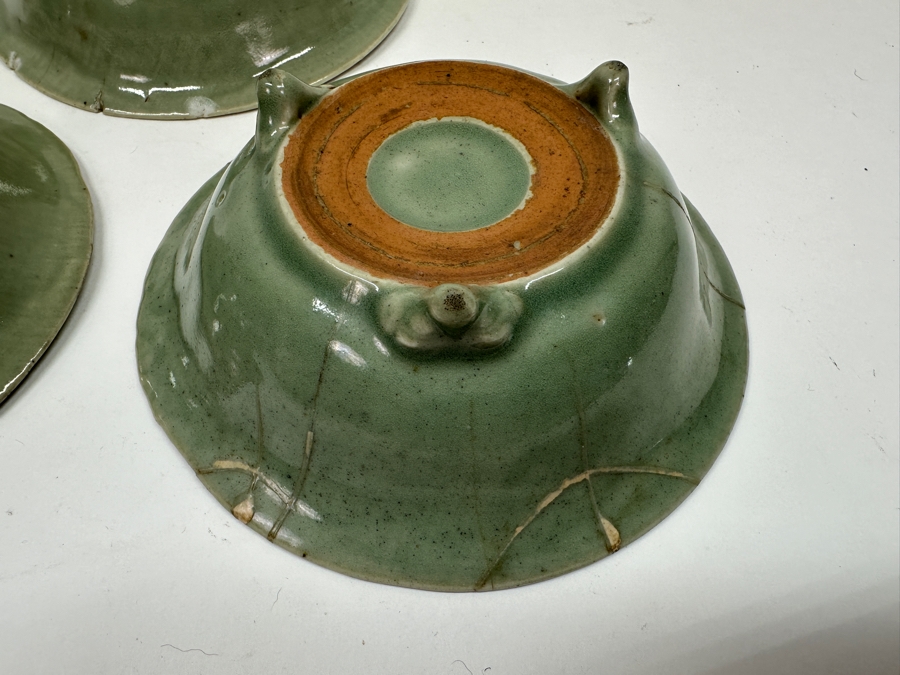 Just Added - (3) Antique Japanese Celadon Porcelain Tripodal Dishes (2) Have Been Repaired With (1) Using The Traditional Art Of Kintsugi Gold Joinery - See Photos For Condition 5.5W X 1 5/8H [Photo 4]