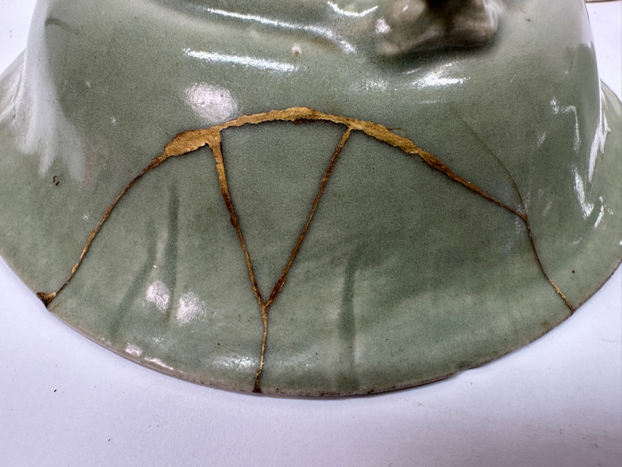 Just Added - (3) Antique Japanese Celadon Porcelain Tripodal Dishes (2) Have Been Repaired With (1) Using The Traditional Art Of Kintsugi Gold Joinery - See Photos For Condition 5.5W X 1 5/8H [Photo 3]