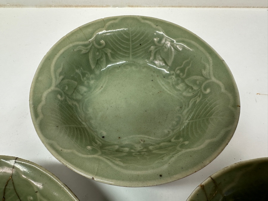 Just Added - (3) Antique Japanese Celadon Porcelain Tripodal Dishes (2) Have Been Repaired With (1) Using The Traditional Art Of Kintsugi Gold Joinery - See Photos For Condition 5.5W X 1 5/8H [Photo 7]