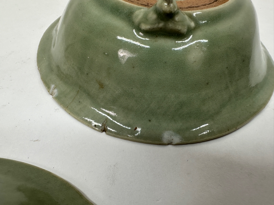 Just Added - (3) Antique Japanese Celadon Porcelain Tripodal Dishes (2) Have Been Repaired With (1) Using The Traditional Art Of Kintsugi Gold Joinery - See Photos For Condition 5.5W X 1 5/8H [Photo 12]