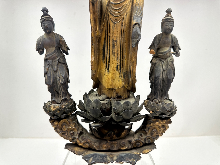 Just Added - Antique Wooden Carving Of A Standing Amida Buddha With Two Figures Circa 1600AD With Original 1964 Receipt - See Photos For Several Chips 7.5'W X 11.5'H [Photo 13]