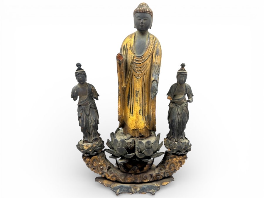 Just Added - Antique Wooden Carving Of A Standing Amida Buddha With Two Figures Circa 1600AD With Original 1964 Receipt - See Photos For Several Chips 7.5'W X 11.5'H