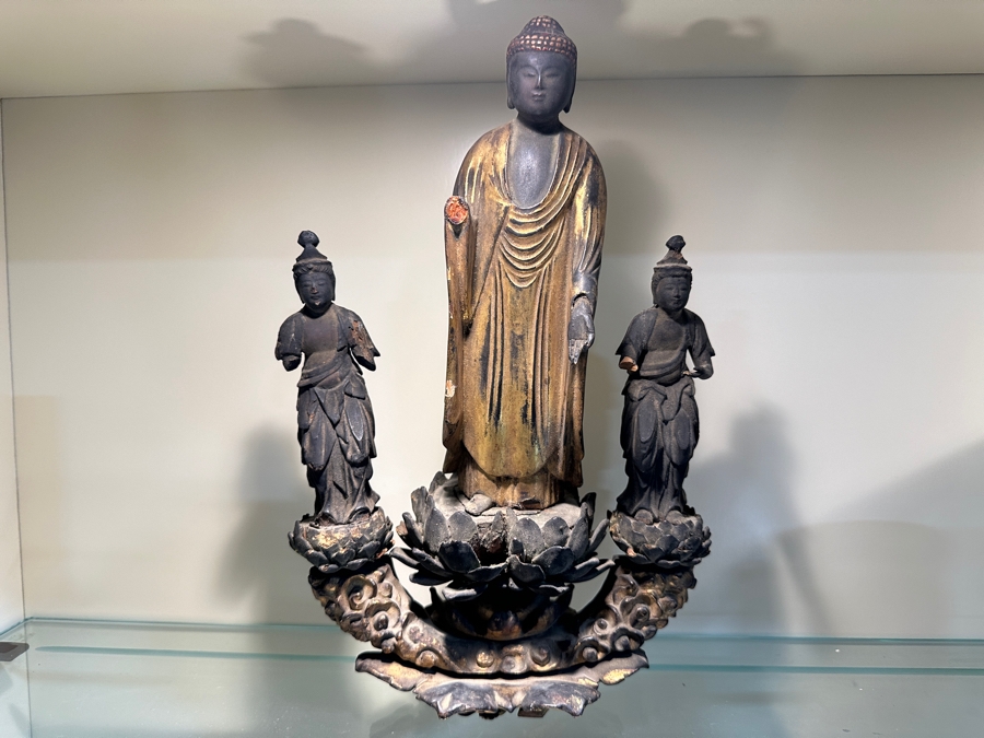 Just Added - Antique Wooden Carving Of A Standing Amida Buddha With Two Figures Circa 1600AD With Original 1964 Receipt - See Photos For Several Chips 7.5'W X 11.5'H [Photo 26]