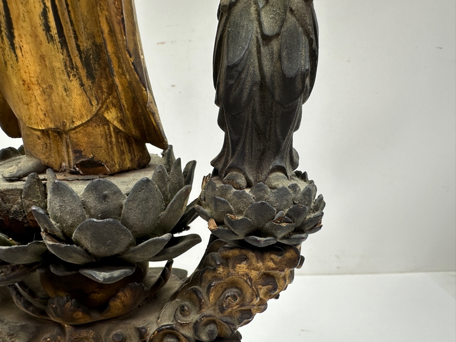 Just Added - Antique Wooden Carving Of A Standing Amida Buddha With Two Figures Circa 1600AD With Original 1964 Receipt - See Photos For Several Chips 7.5'W X 11.5'H [Photo 8]